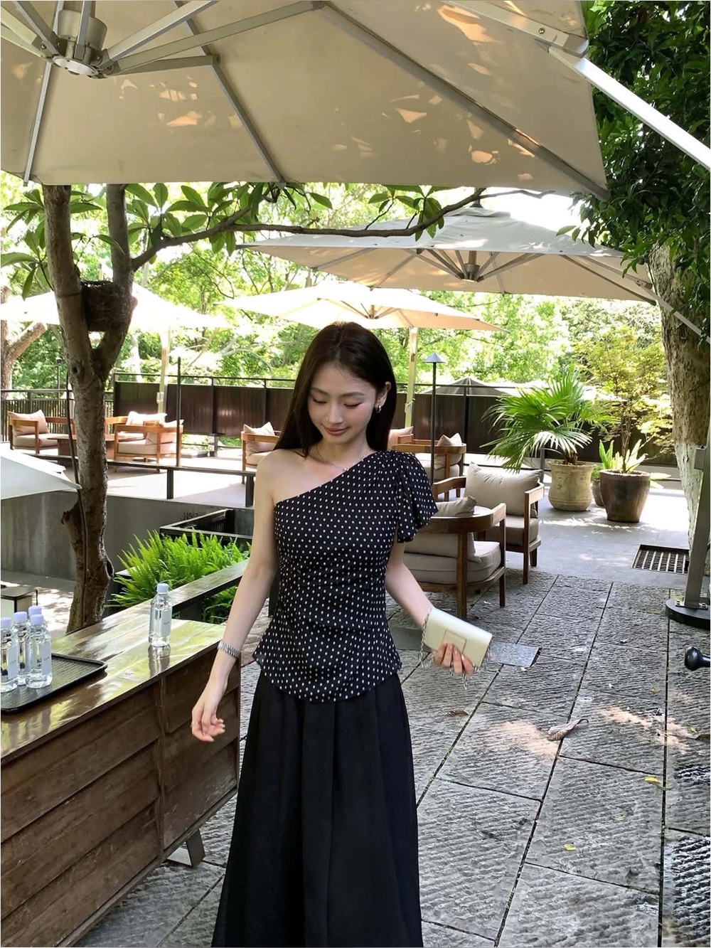 Polka Dot One-Shoulder Black Dress